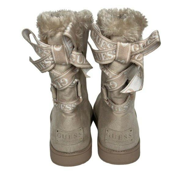 Guess Allyse Sand Logo Bow Suede Faux Fur Mid Calf Winter Boots Size 9M - Picture 7 of 16